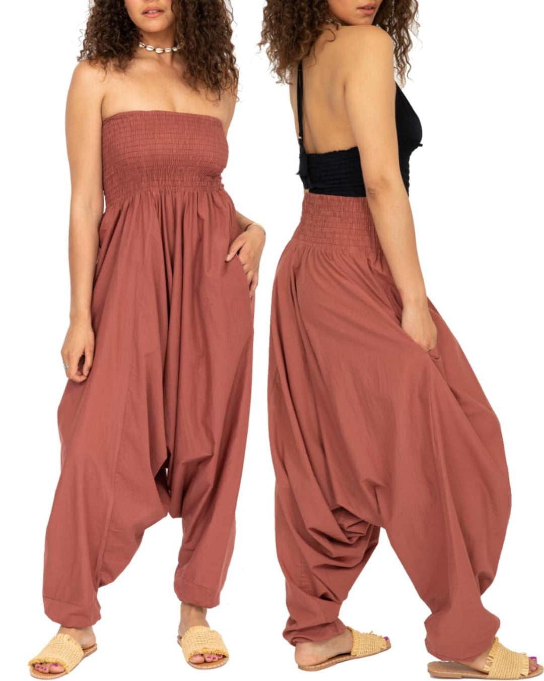 likemary Jumpsuit Damen Sommer – 2-in-1 Baumwoll Einteiler & Haremshose mit Taschen – Luftige Boho P