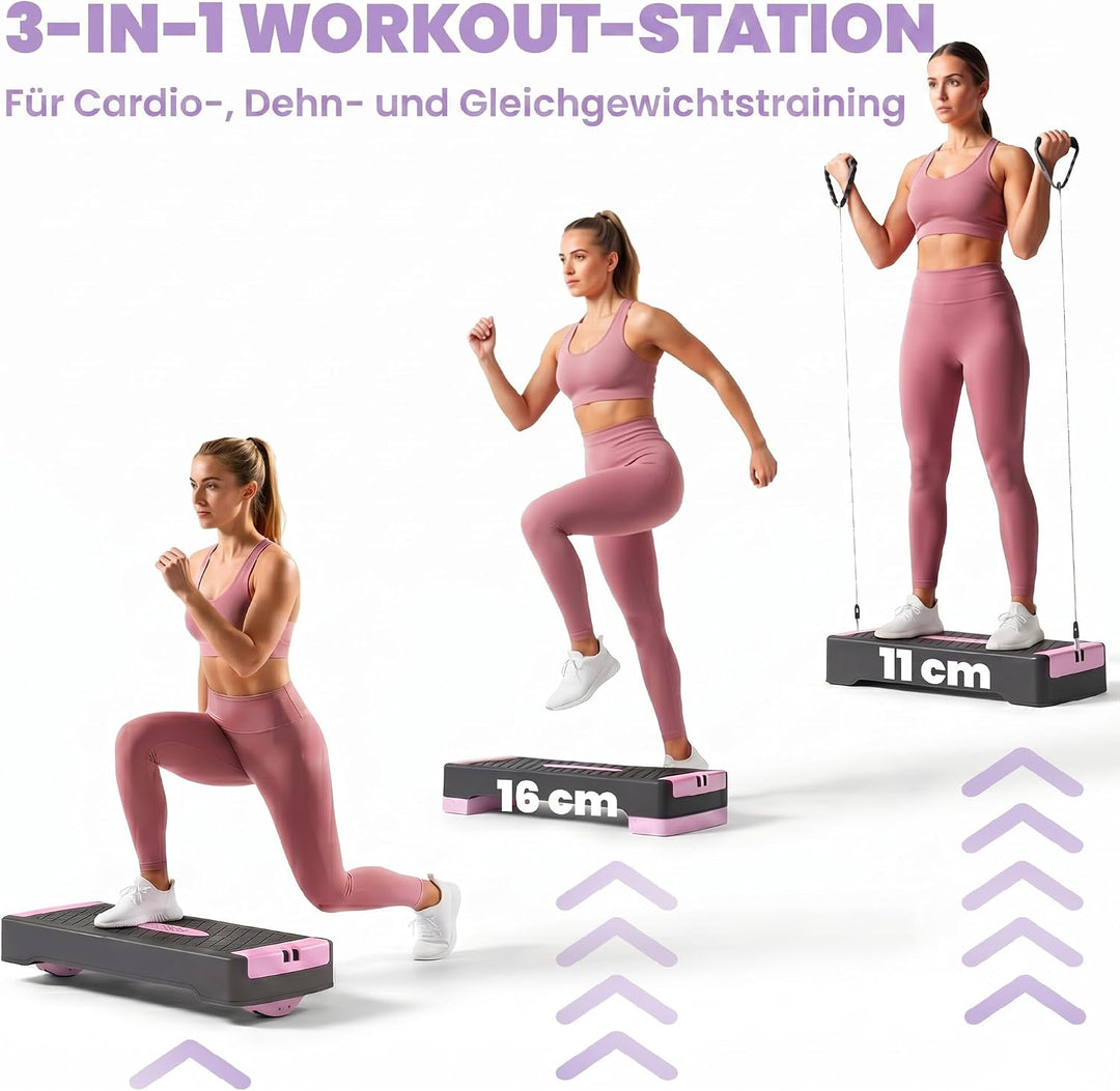 SPORTNOW Steppbrett Höhenverstellbar Fitness 2 Stufen (11/16 cm) Rosa | Aerobic Stepper, 2 Widerstan