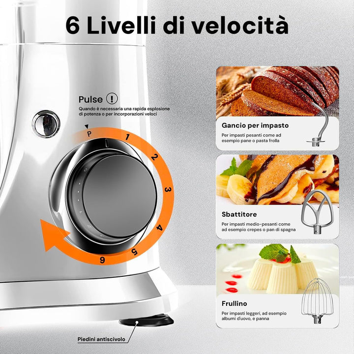 Avilia Planetarische Küchenmaschine mit Fleischwolf und Mixer aus Edelstahl 6,5 l 1900 W – 360° Rühr