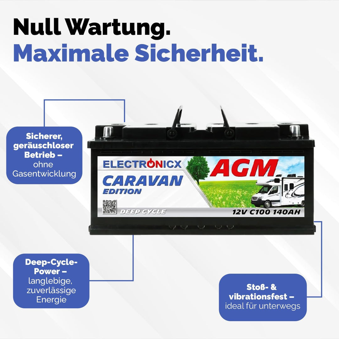 Electronicx AGM Caravan Batterie 140Ah 12V Versorgungsbatterie Deep Cycle Wohnmobil Batterie 140 Ah