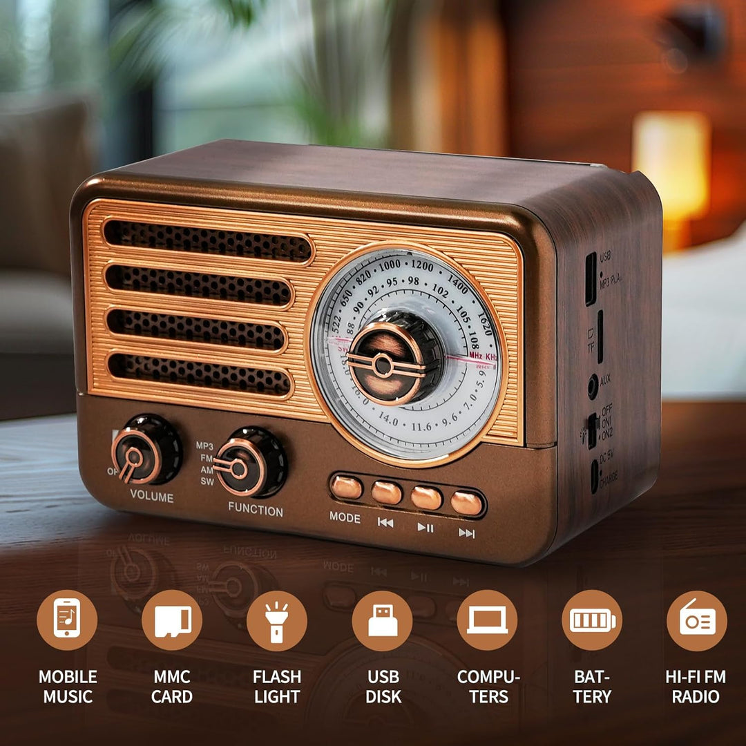Retro-Transistorradio, batteriebetriebenes AM-FM-SW-Radio, kleines wiederaufladbares tragbares Radio