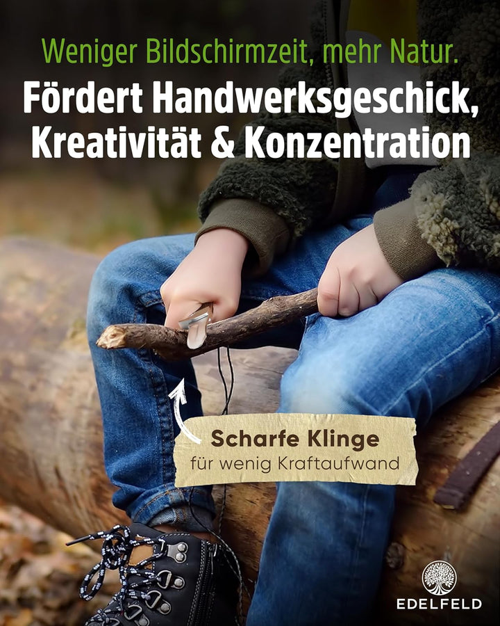 EDELFELD - Das Original - Schnitzmesser Kinder ab 6 Jahre - Sicheres Taschenmesser Kinder mit Finger