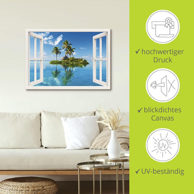 ARTland Leinwandbilder Wandbild Bild auf Leinwand 100x70 cm Fensterblick Fenster Meer Insel Palmen K