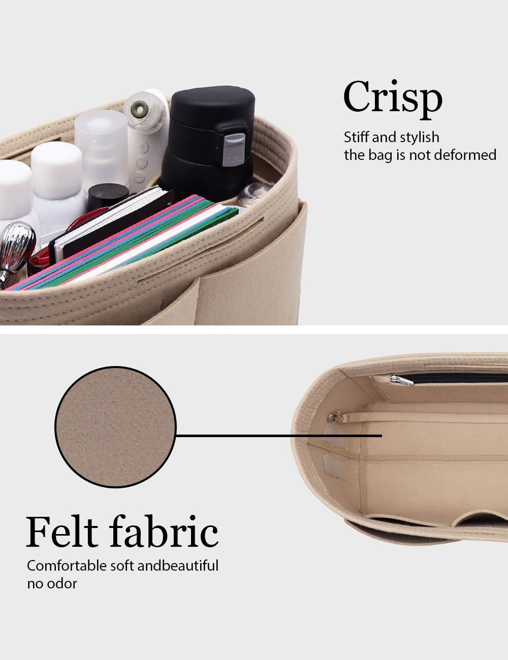 Handtascheneinsatz/Organizer aus Filz, Reissverschluss-Taschenbeutel, Tasche-in-der-Tasche, Flaschen