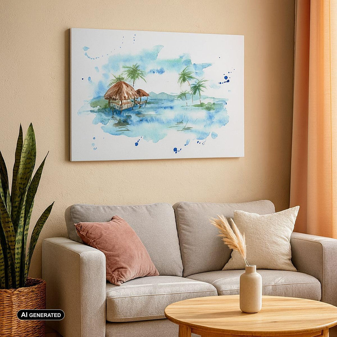 Bilder auf Leinwand 100x70cm Leinwandbild Tropen Wasser Bungalow Ufer Gross Wanddeko Bild Schlafzimm