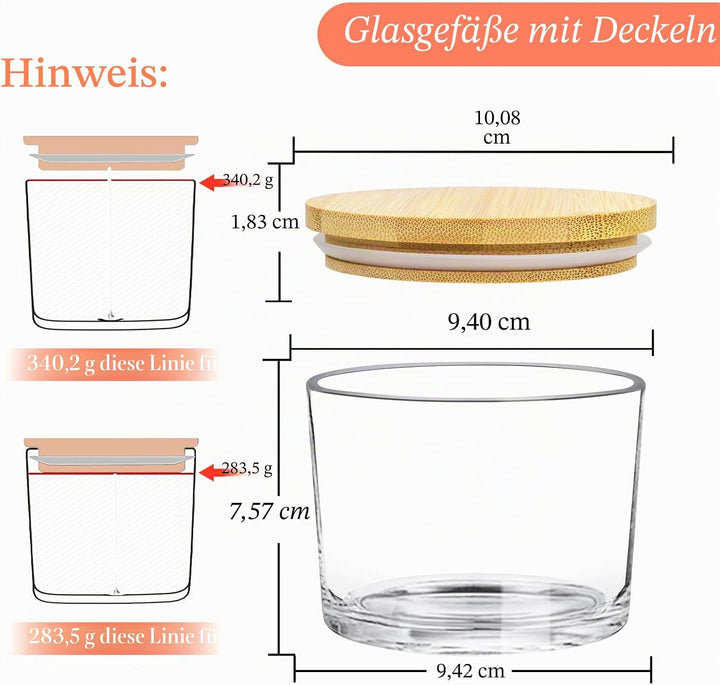 CONNOO Klarglas-Kerzengläser für die Herstellung von Kerzen mit luftdichtem Bambusdeckel, schöne kle