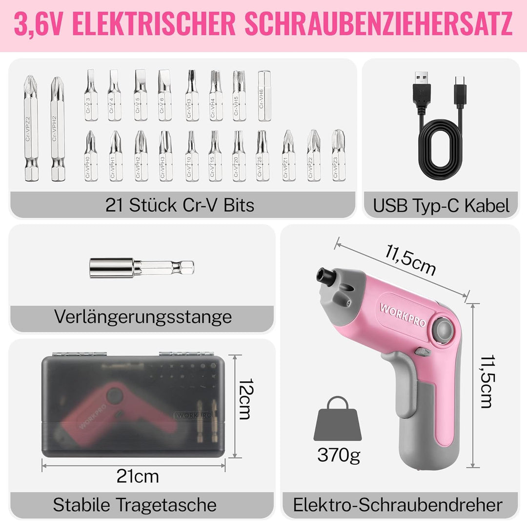 WORKPRO Akkuschrauber Set 3,6V, Exzentrischer Schraubendreher, mit 21 Bits und Verlängerungsstange,