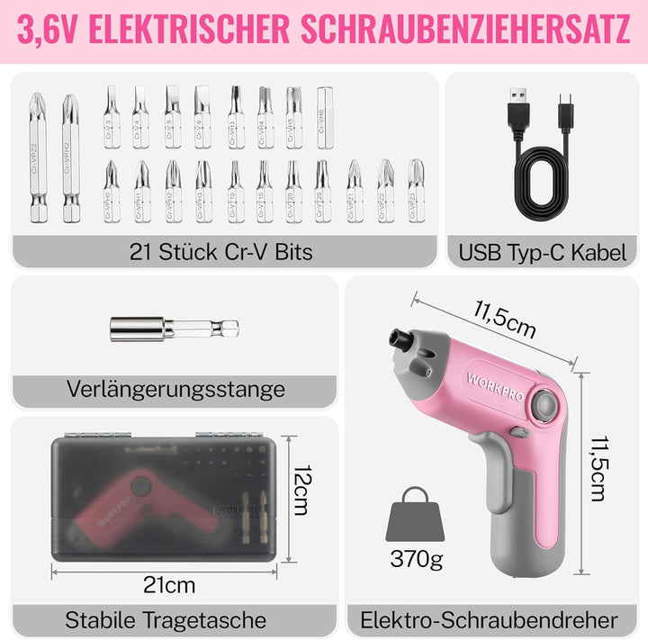 WORKPRO Akkuschrauber Set 3,6V, Exzentrischer Schraubendreher, mit 21 Bits und Verlängerungsstange,