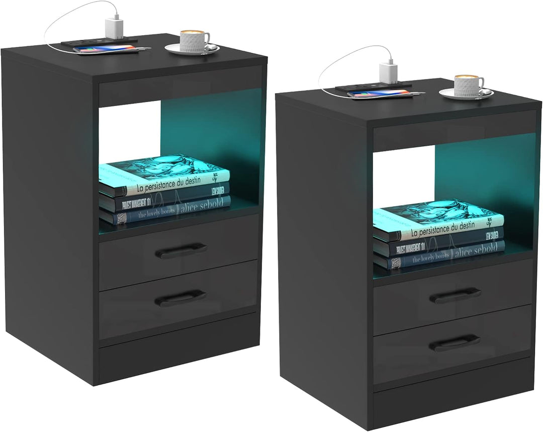 Lvhecforhm 2er Set Nachttisch, mit Steckdosen und USB-Anschlüsse, LED Licht 16Farben Beleuchtung, Sc
