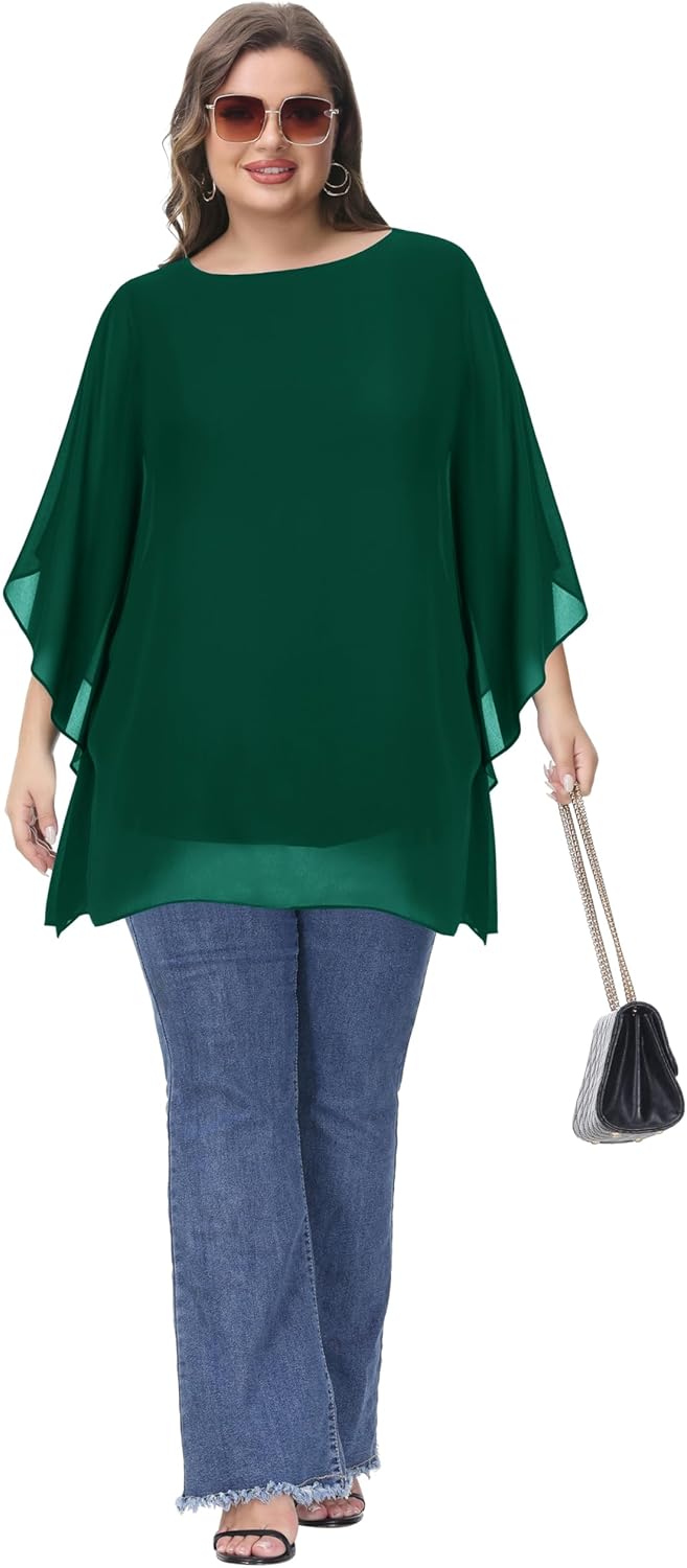 Hanna Nikole Damen Grosse Grössen Chiffon Blusen Elegant Fledermaus Hemd Doppellagige Tops Lose Long