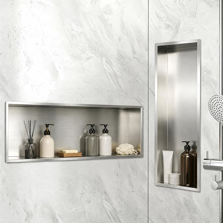 Wandnische Dusche Edelstahl,Duschnische Lagerung 30x90cm,Nickelfarbe | Wandnische mit zwei Zwischenb