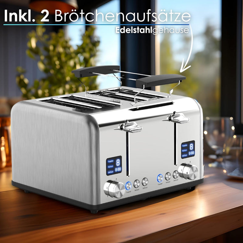 Toaster Langschlitz | Digitales Display mit Countdown | Beleuchtete Tasten | 4 Scheiben Toastautomat