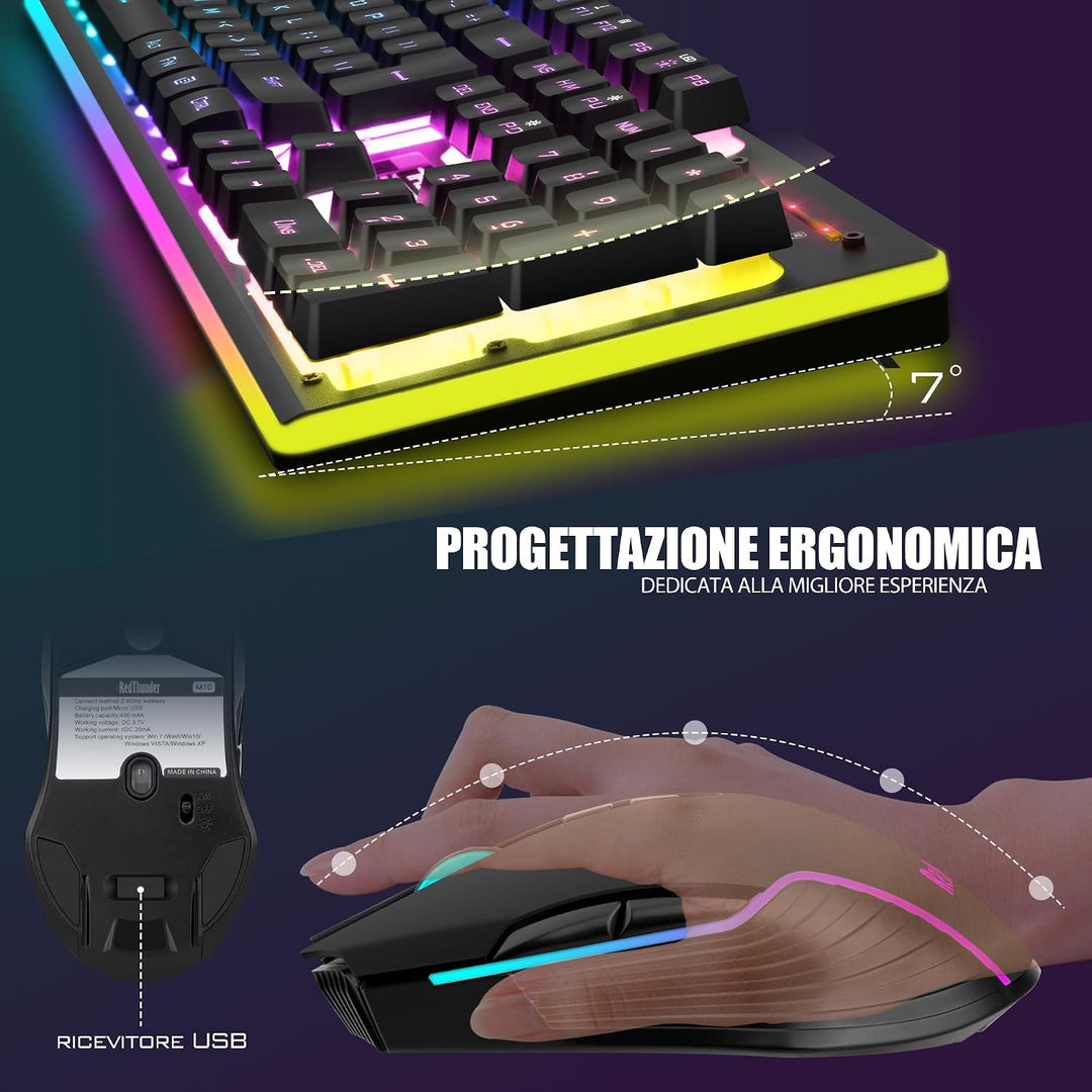 RedThunder K10 Combo Gaming-Tastatur, kabellos, IT-Layout, wiederaufladbarer Akku mit 3000 mAh und L
