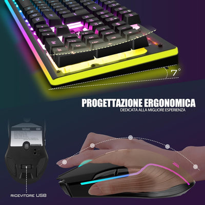 RedThunder K10 Combo Gaming-Tastatur, kabellos, IT-Layout, wiederaufladbarer Akku mit 3000 mAh und L