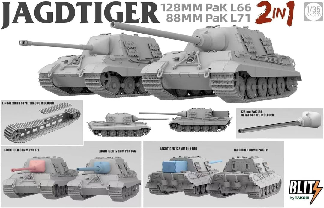 Takom TAK8008 8008 1:35 Jagdtiger 128mm PaK L66 / 88mm PaK L71 - 2-in-1 - Massstab 1:35 - Modellbau