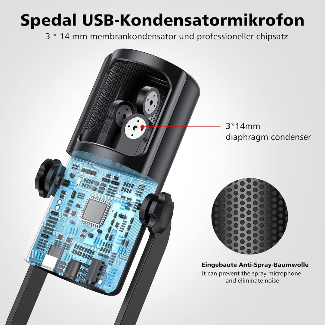 Spedal USB Gaming Mikrofon, 4 Pickup-Patterns Kondensator Mikrofone mit Stummschalttasten eingebaute