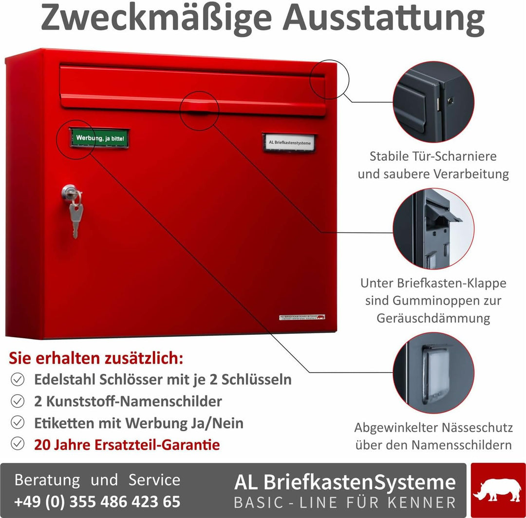 AL Briefkasten Systeme Basic 1er Briefkasten in RAL 3000 Feuerrot 1 Fach DIN A4 Postkasten wetterfes