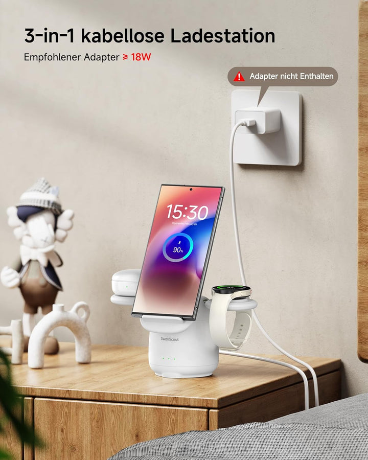 SwanScout Induktive Ladestation für Samsung S26+, 3 in 1 Wireless Charger für Samsung S25/S24/S23/Z