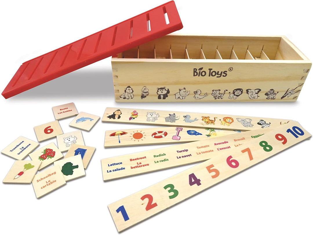 LEXIBOOK EDU250i1 Bio Spielzeug-Vokabel-Holzsortierbox EN/FR Vokabelbox EN/FR, Vokabelbox EN/FR