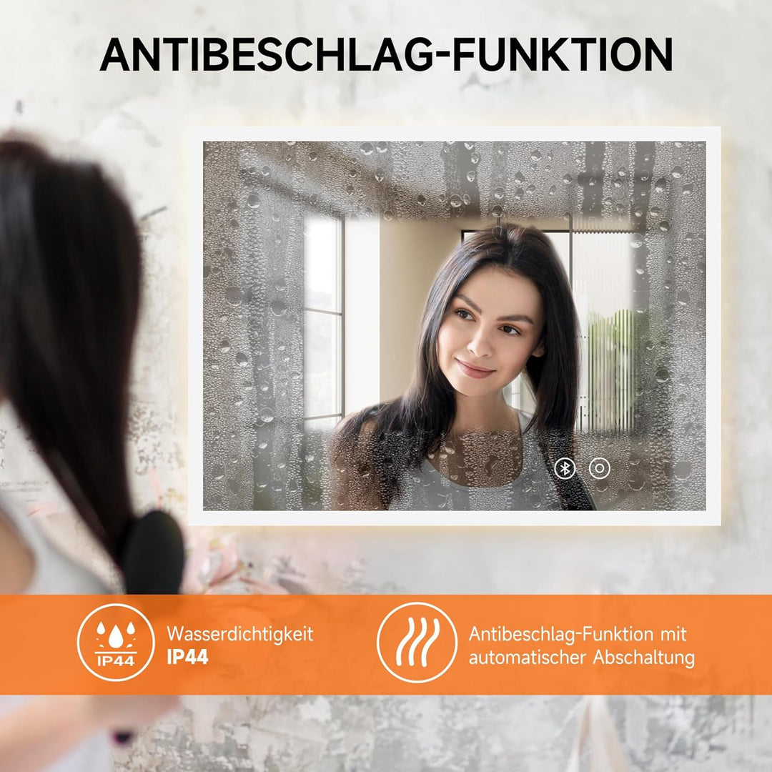 YOLEO Badspiegel mit Beleuchtung, LED Spiegel mit Bluetooth-Lautsprecher, Wandspiegel mit Steckdose,