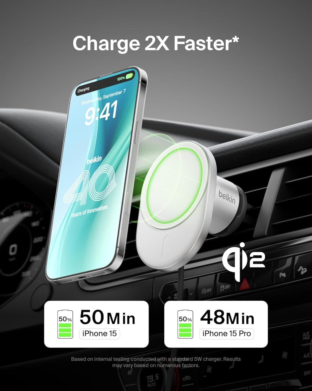Belkin BoostCharge Pro magnetisches kabelloses Kfz-Ladegerät mit Qi2 (15 W), MagSafe-kompatibles Aut