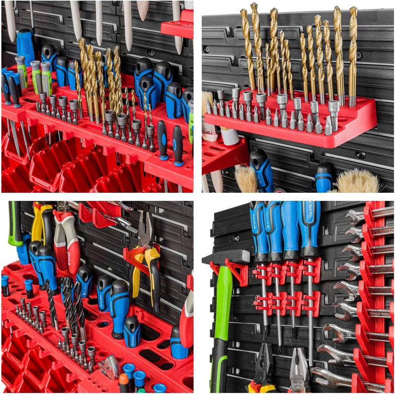 Lagersystem Werkstattregal | 156 x 78 cm | 32 stck. Box | Wandregal mit Werkzeughalterungen und Stap