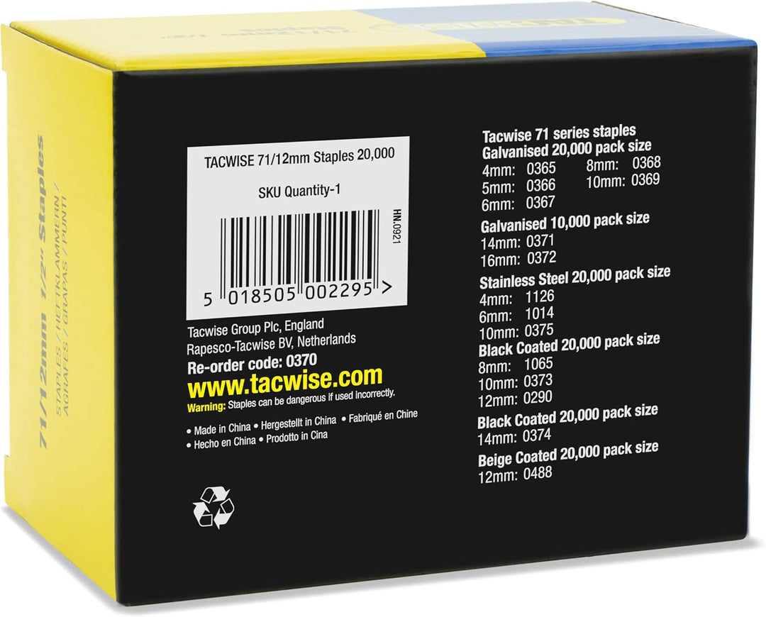 Tacwise 0370 Typ 71/12 mm Verzinkte Polsterklammern, 20.000 Stück 12mm, 12mm