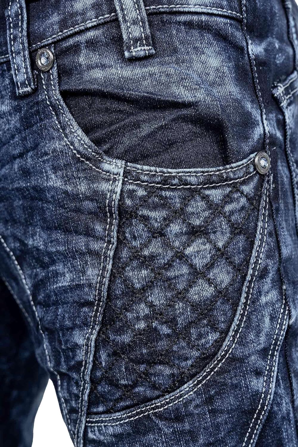 Herren Jeans – Extravagante Designer-Jeans mit Patchwork, Nieten & Kontrastnähten – Regular Fit, Den