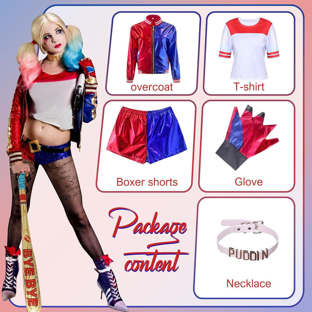 Ansamy Harley Cosplay Kostüme für Erwachsene Kinder, Mädchen Bösewicht Suicide Kostüm Kit enthalten