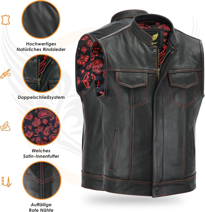 Leatherick Groove Club Herren-Motorradweste aus schwarzem Leder – Bikerweste 46 Schwarz (rote Fadenn