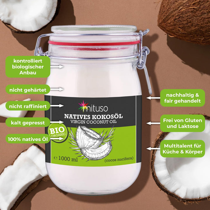 mituso Bio Kokosöl, nativ, 2er Pack (2 x 1000 ml) im Bügelglas
