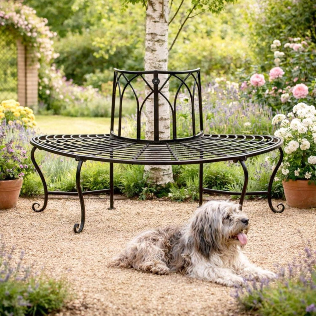 DanDiBo Baumbank Halbrund Metall Wetterfest Braun 127 cm 3 Sitzer 121071 Gartenbank mit Rückenlehne