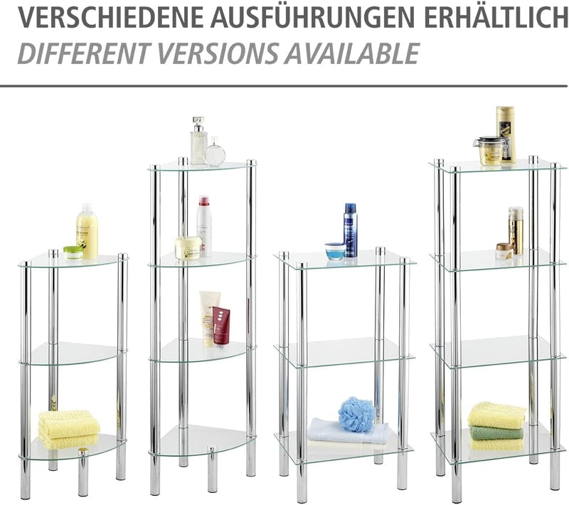 WENKO Eckregal Yago mit 3 Glasablagen - Badregal, Edelstahl rostfrei, 30 x 74 x 30 cm, Glänzend 3 Et