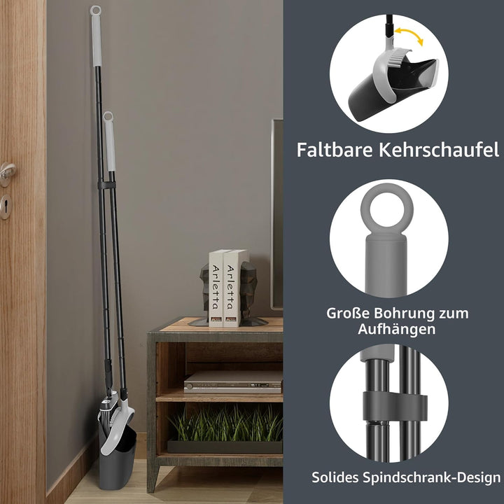 JEHONN Besen und Kehrschaufel Set mit Langem Stiel 138 cm, 180 Grad Drehbar Camping Kehrbesen Innen