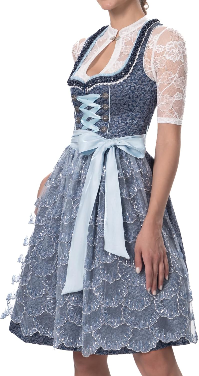 Dirndlparty Dirndl Blau, Damen Midi Mittellang Dirndl 60cm mit Rosenmuster und Pailletten Spitzensch