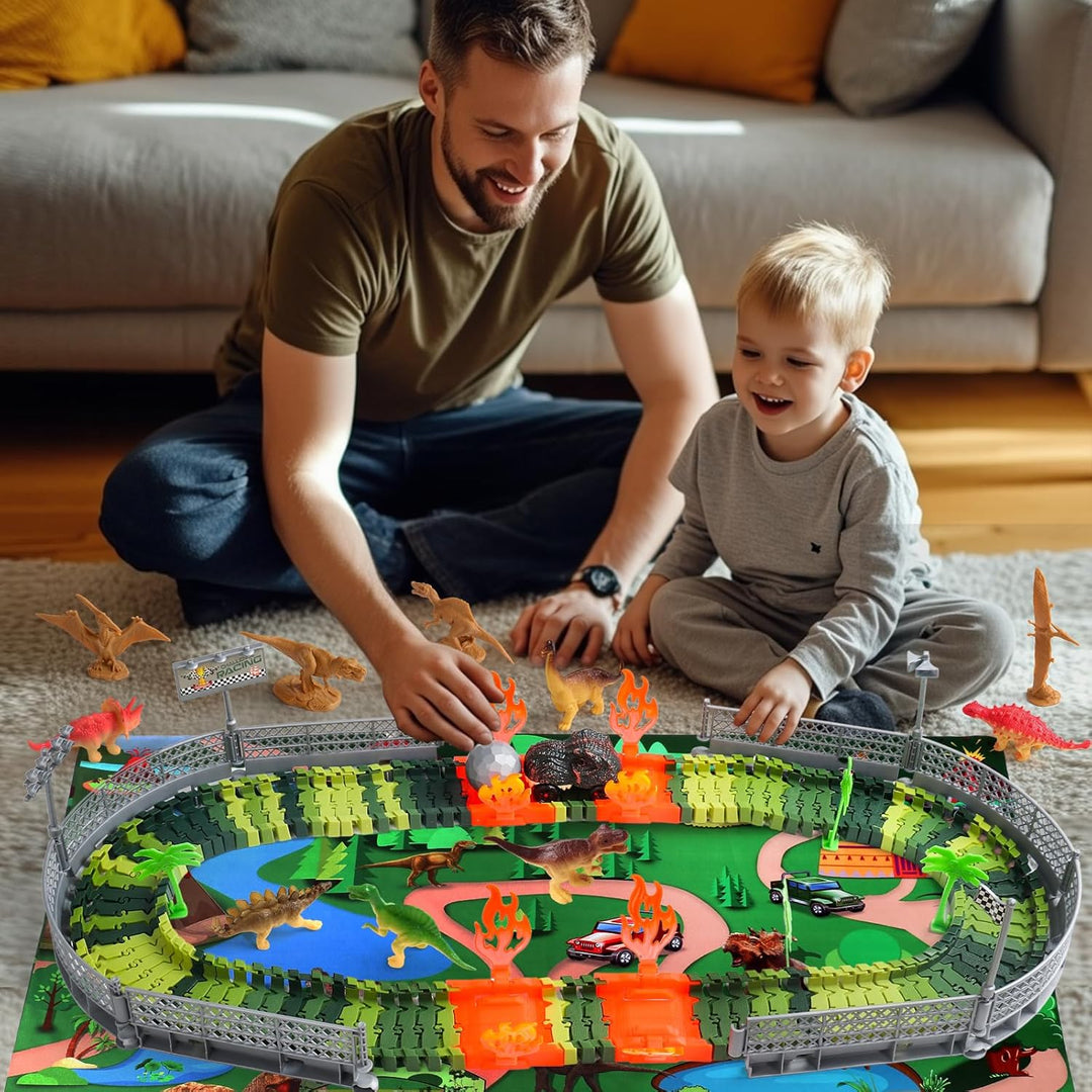 Dinosaurier Spielzeug Autorennbahn ab 3 Jahre Junge Rennbahn mit 8 Mini Dinosaurier Figuren 1 Auto D