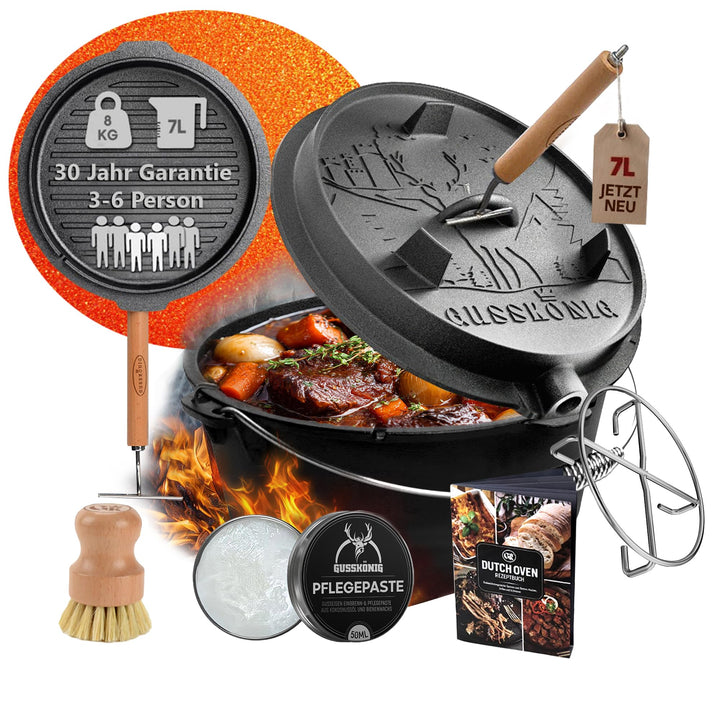 GUSSKÖNIG Dutch Oven Set - Eingebrannter Dutch Oven 7 Liter - Feuertopf Gusseisen ohne Füssen - Schm