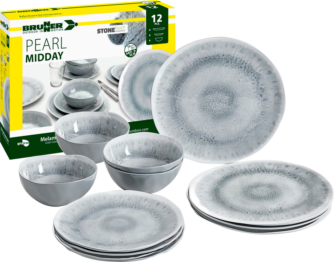 BRUNNER - Campinggeschirr Melamin (Set: 8, 12, 16 oder 40 Teilig), 2-4 Personen - Pearl - Hochwertig