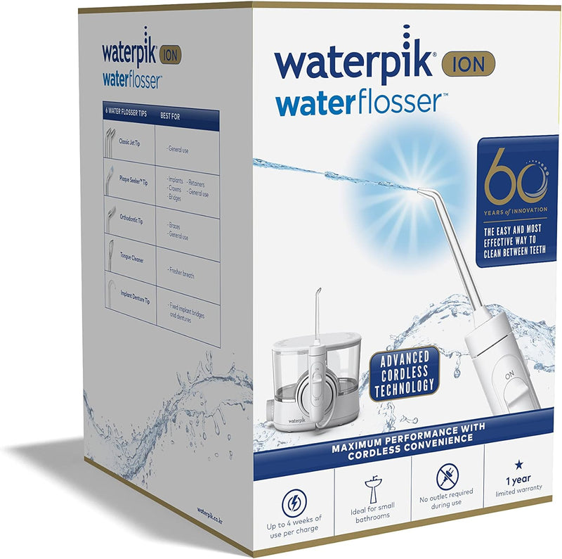 Waterpik ION WF11 Munddusche (Weiss), kabellos, wiederaufladbar und tragbar, mit 6 Aufsätzen und 1 A