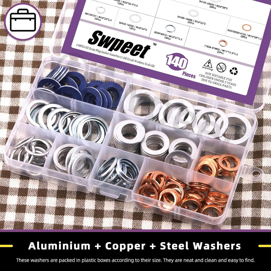 Swpeet 140Pcs 9 Arten Öl Drain Plug Dichtung Assortiment Kit, Aluminium/Kupfer/Stahl Öl Crush Unterl