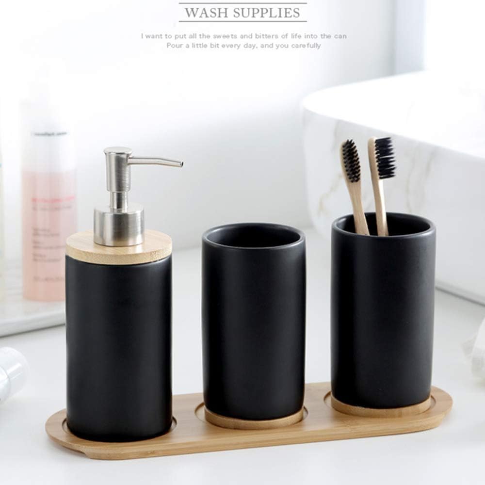 Badezimmer Accessoires Set Keramik, 4-teilig, Zahnbürstenhalter, Seifenspender, Bambus Fach, Zahnput
