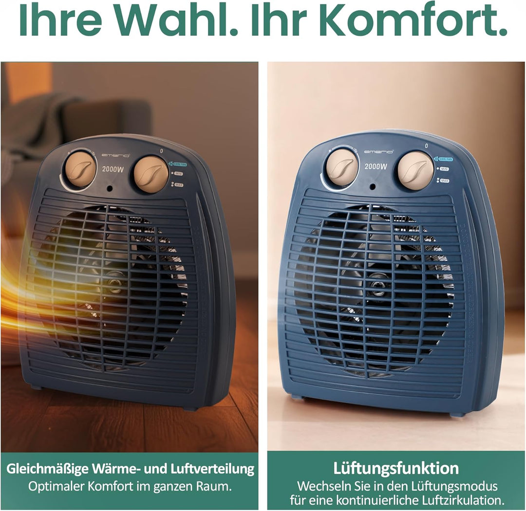 EMERIO Heizlüfter 2000W | klein leicht kompakt portabel | für ca. 25m² | 2 Heizleistungen + Ventilat