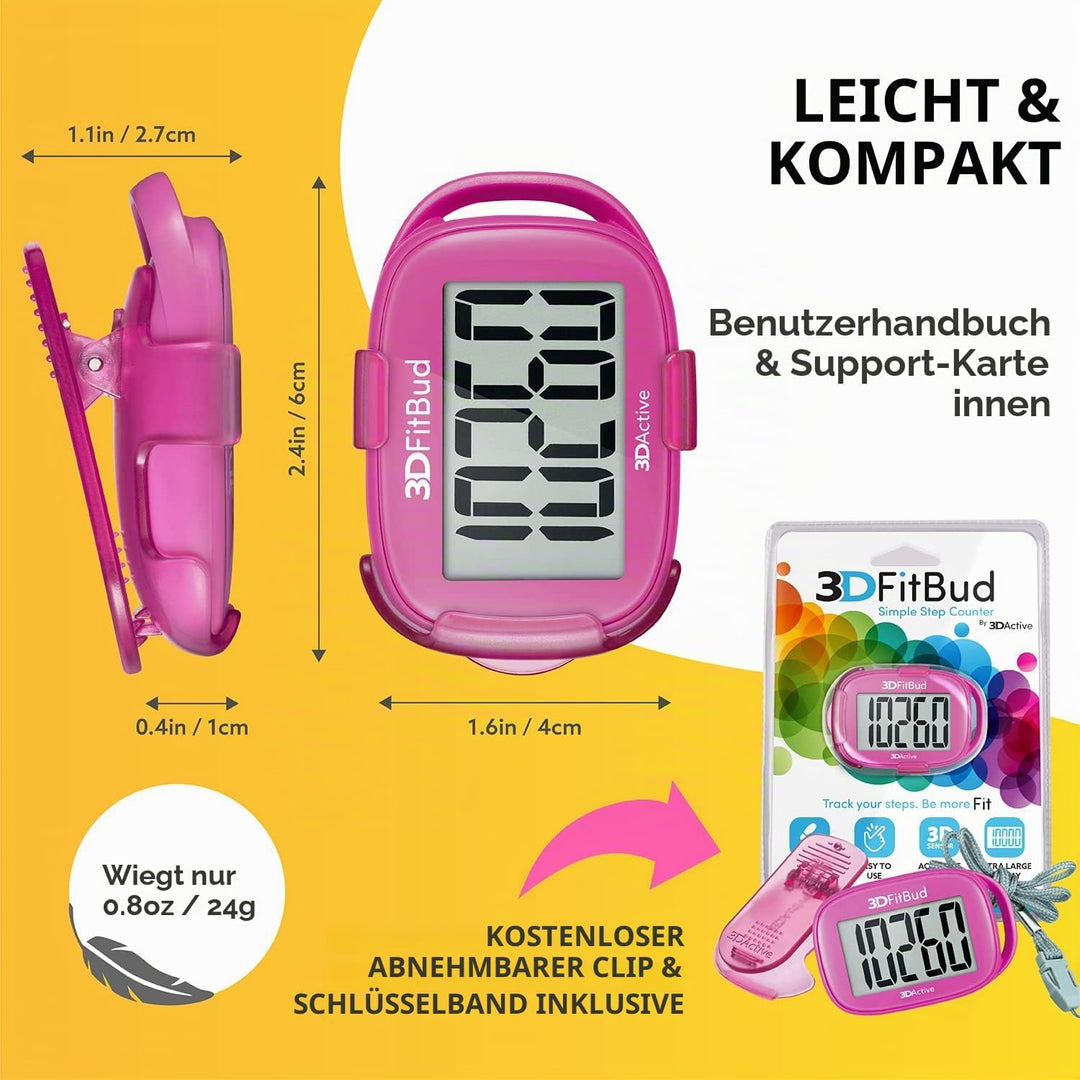 3DFitBud Einfacher Schrittzähler Walking 3D Schrittzähler mit Clip und Umhängeband, A420S Pink, Pink