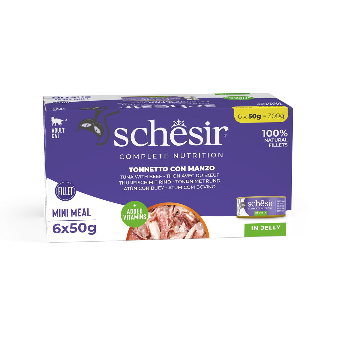 Schesir Cat Jelly Thunfisch mit Rind, Katzenfutter nass in Gelee, 8 x 6 Dosen x 50 g Thunfisch mit R