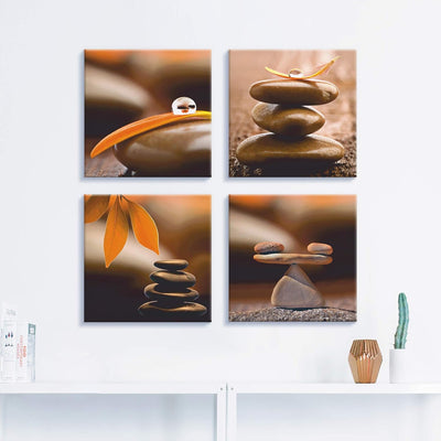 ARTLAND Leinwandbilder auf Holz Wandbild Bild Set 4 teilig je 40x40 cm Quadratisch Wellness Zen Stei