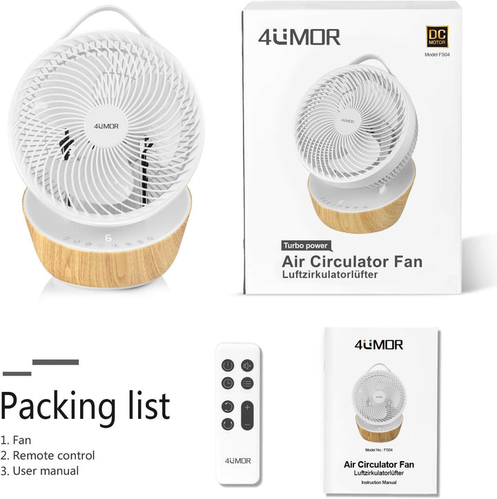 4UMOR Ventilator leise 20dB 7,6m/s Turbo 21W DC Motor 12 Geschwindigkeiten Tischventilator sehr Leis