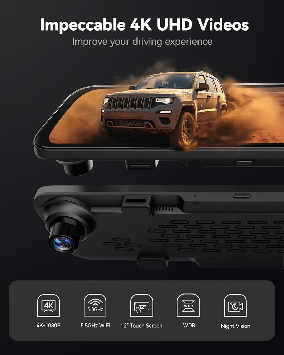 WOLFBOX 12" G840S 1296P Spiegel Dashcam mit Rückfahrkamera, Auto Kamera mit IPS-Touchscreen Dual Das