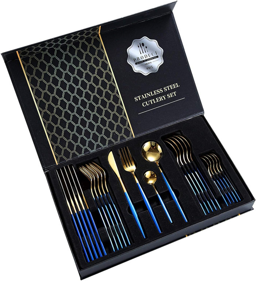 rismart Edelstahl 24 Teile Besteck Set Silberbesteck mit Messer, Kaffee Suppe Teelöffel, Gabeln Gold