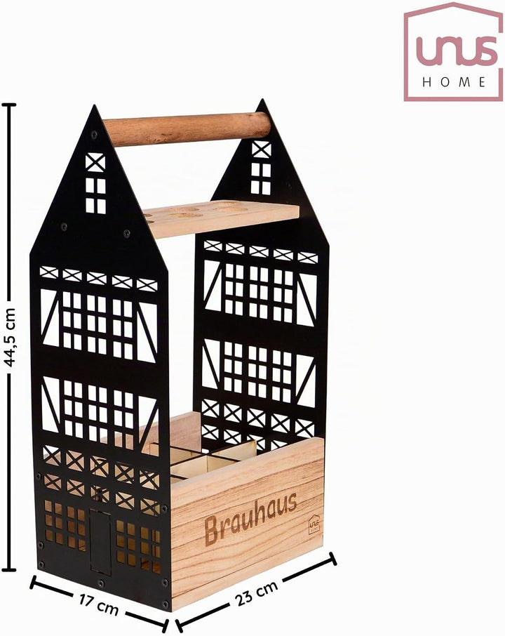 UNUS Brauhaus Bierträger für 6 Flaschen aus Bambus und Metall mit Schnapsglashalter Fachwerkoptik in