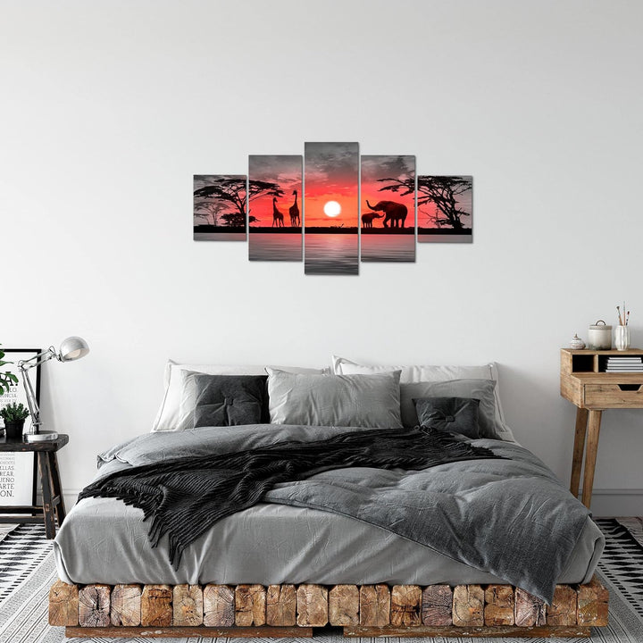 Runa Art Bild Wohnzimmer Schlafzimmer Afrika Sonnenuntergang 5 Teilig Giraffe Elefant Orange Wandbil